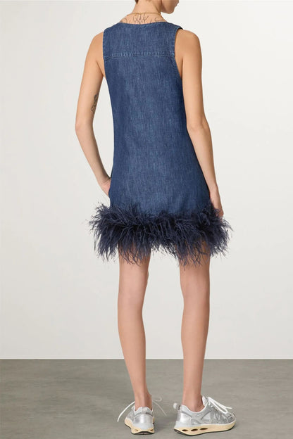 Setlla Feather Trim Denim Mini Dress