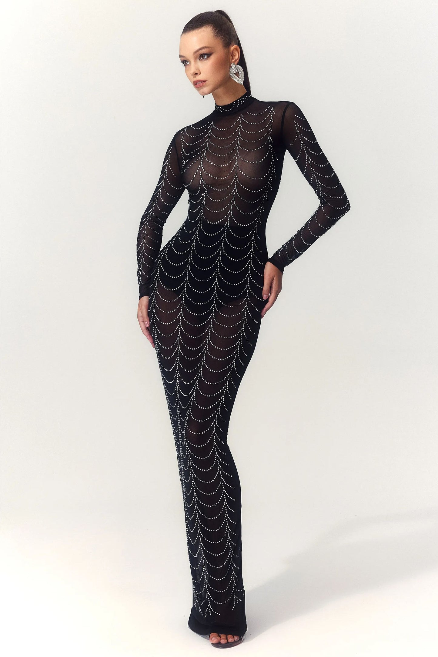 Cornelia Mock Neck Rhinestone Maxi Dress