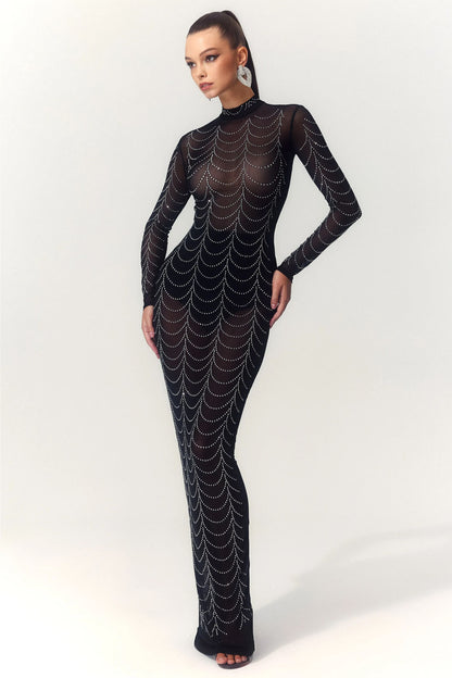 Cornelia Mock Neck Rhinestone Maxi Dress