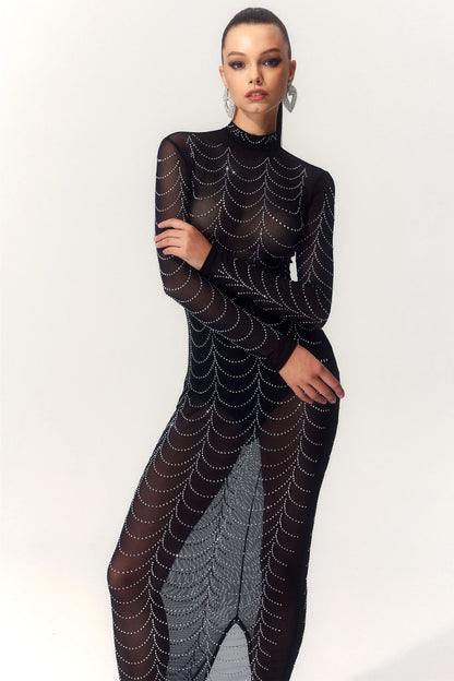 Cornelia Mock Neck Rhinestone Maxi Dress