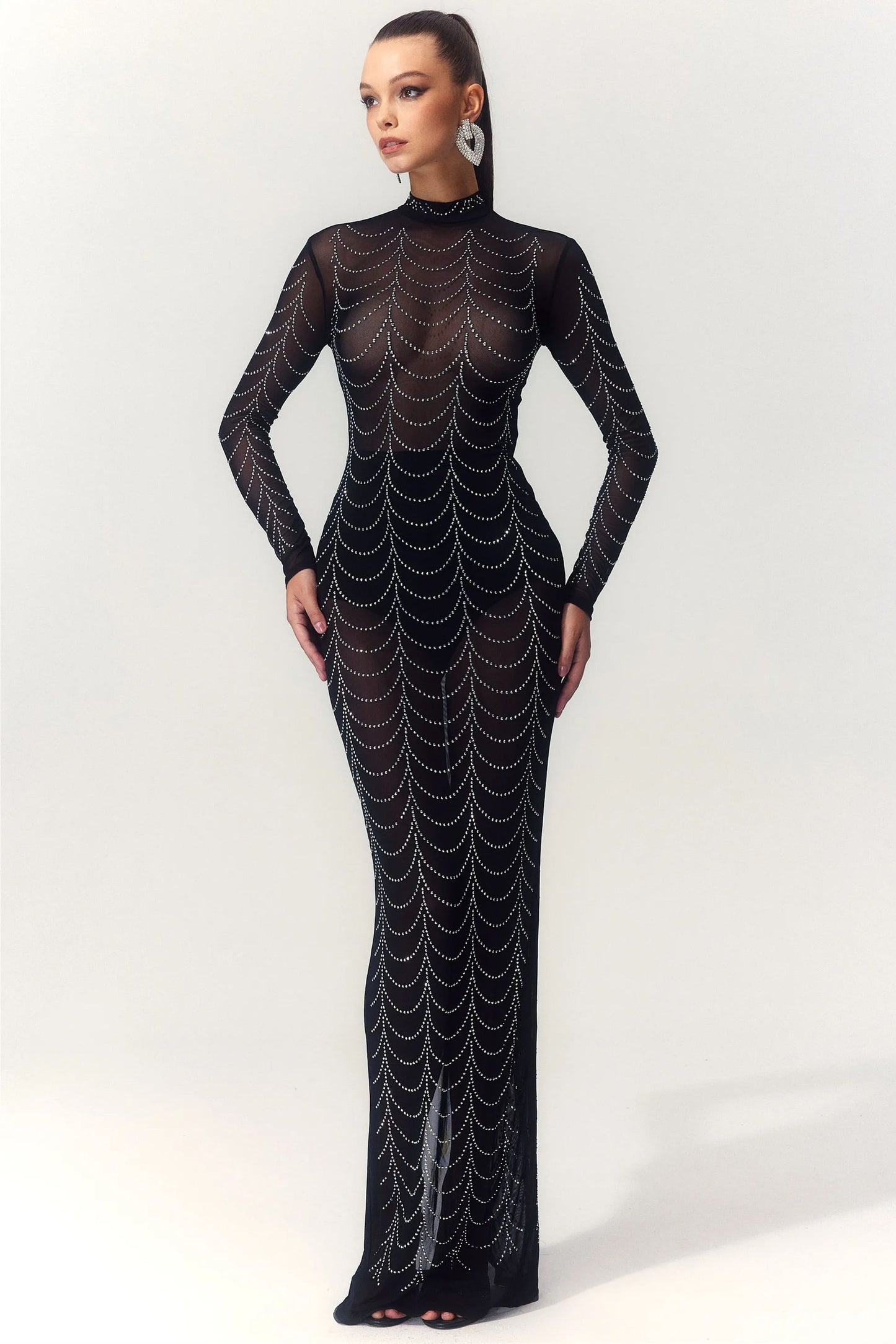 Cornelia Mock Neck Rhinestone Maxi Dress