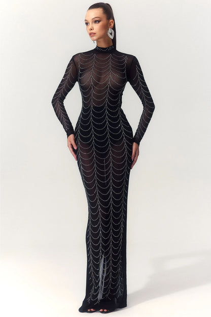 Cornelia Mock Neck Rhinestone Maxi Dress