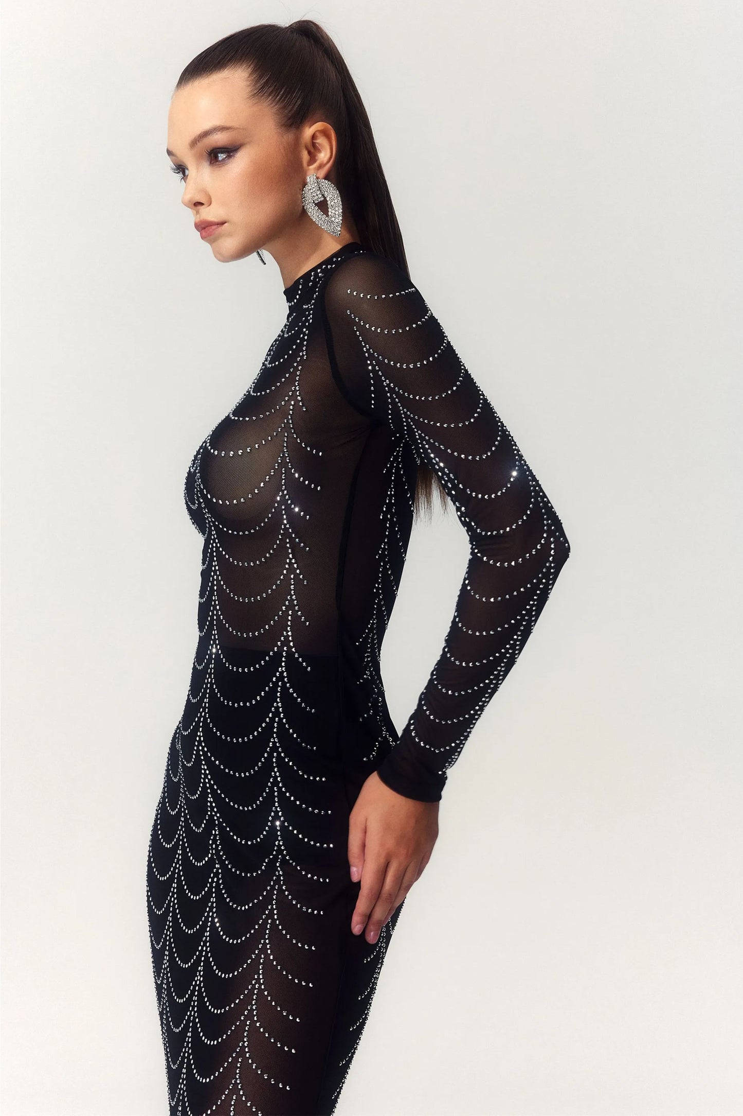 Cornelia Mock Neck Rhinestone Maxi Dress