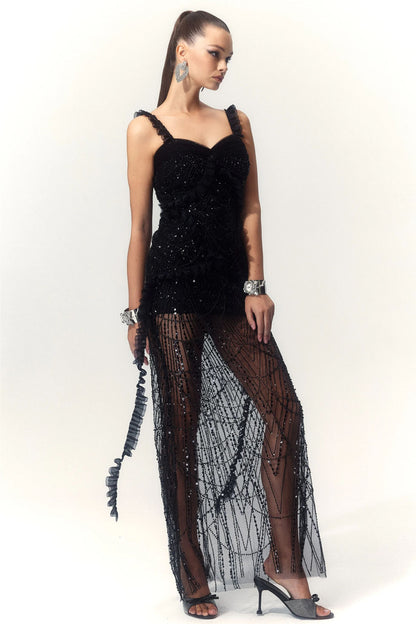 Harriet Sweetheart Ruffle Mesh Maxi Dress