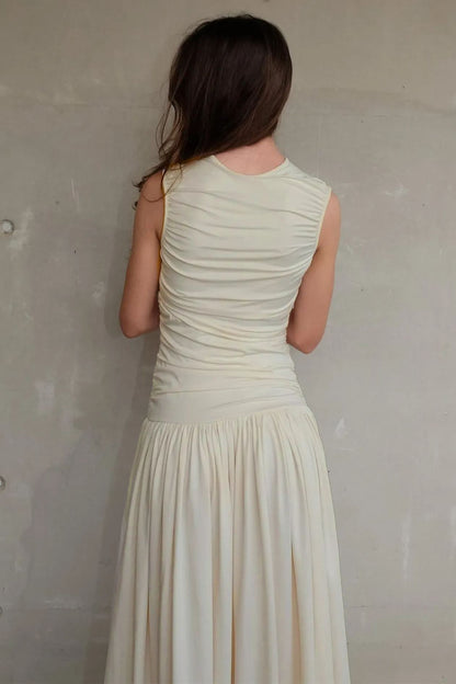 Quintina Round Neck Pleated Maxi Cotton Dress