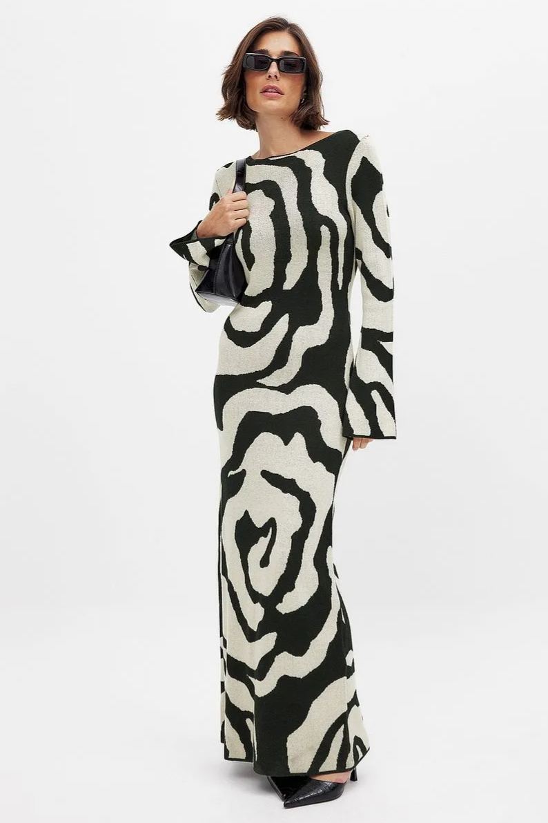 Elaine Jacquard Rose Knitted Maxi Dress