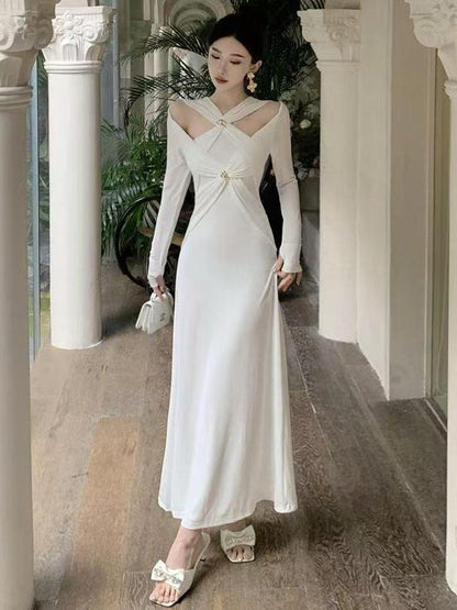 White Oblique Cutout Applique Maxi Dress