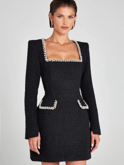 Tweed Full Sleeves Beaded Short Dress