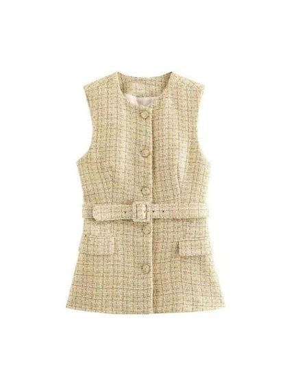 Tweed Long Vest Jacket With Belt