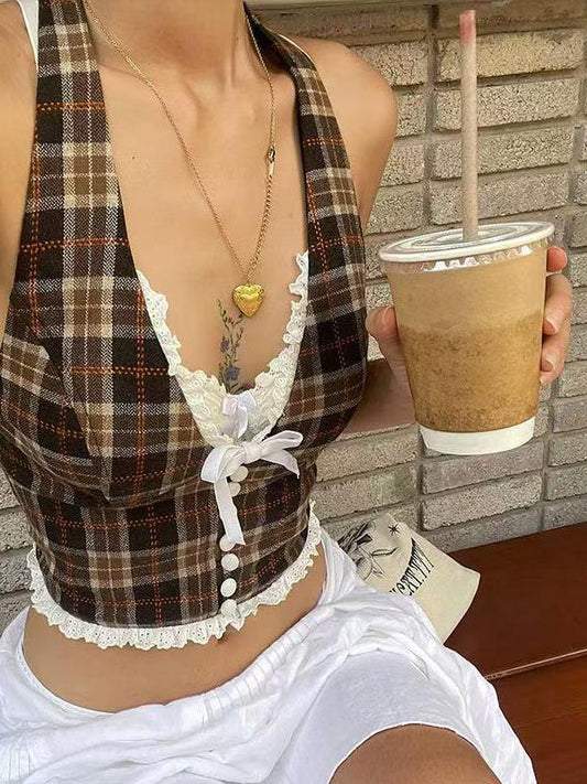 Deep Halter Neck Lace Gingham Top