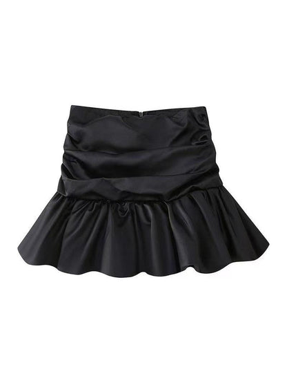 Pleated Ruffle Satin Ruched Short Skirt