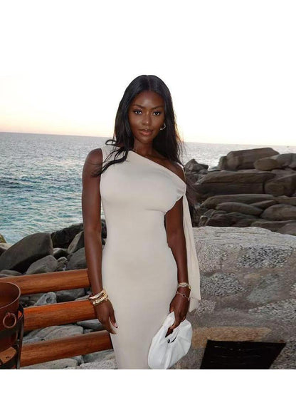 Oblique Shoulder White Maxi Dress