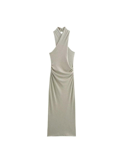 Shimmer Halterneck Ruched Maxi Dress