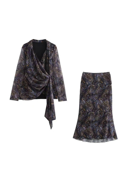 Vintage Print Wrap Top & Skirt Coord Set