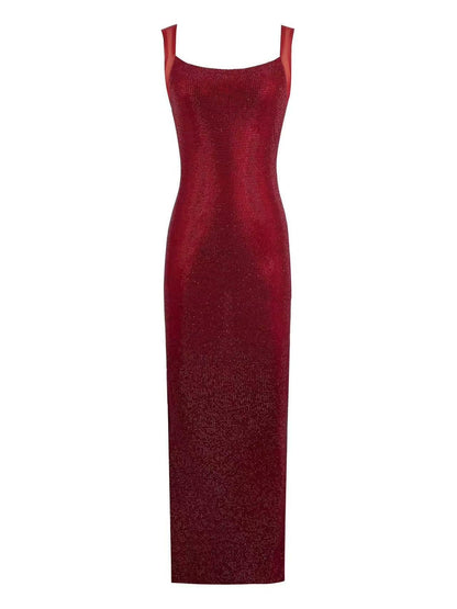 Scoop Neckline Backless Rhinestone Mesh Dress