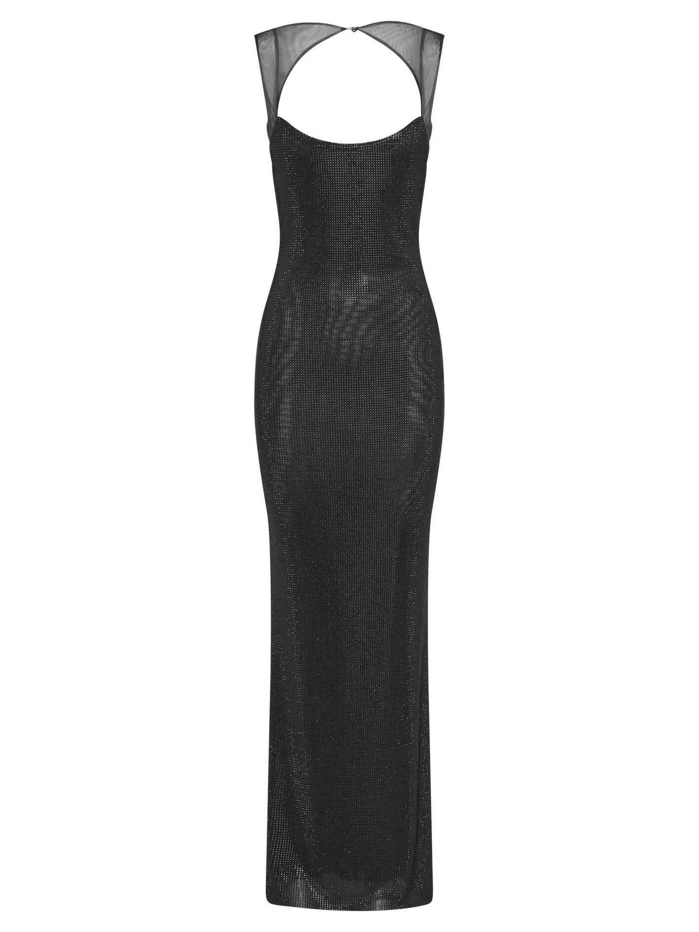 Scoop Neckline Backless Rhinestone Mesh Dress