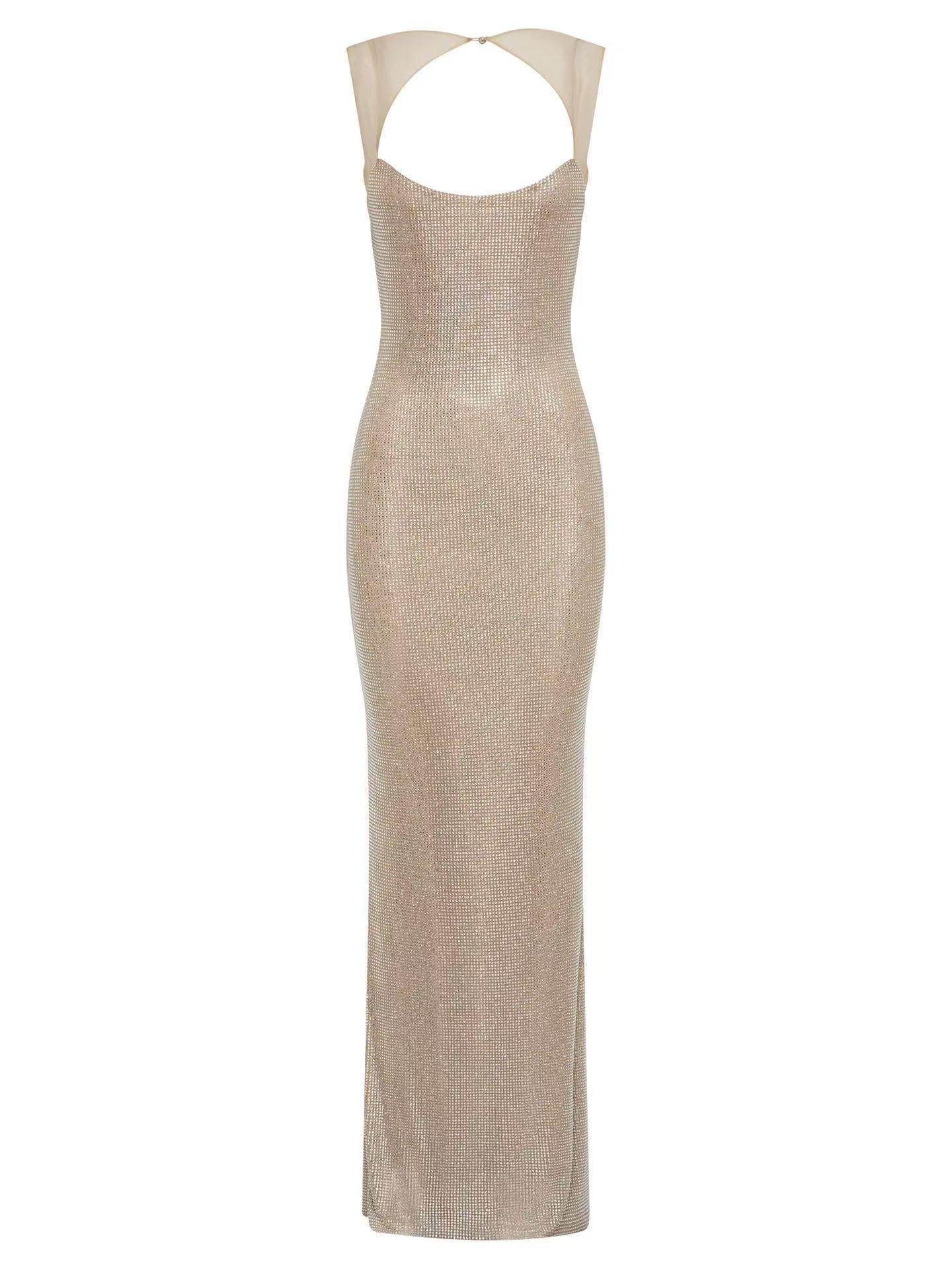Scoop Neckline Backless Rhinestone Mesh Dress
