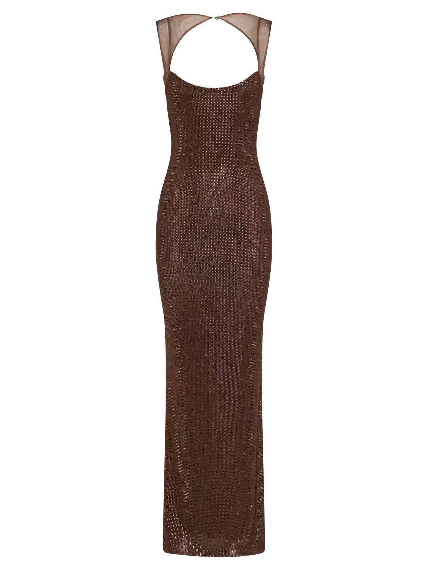 Scoop Neckline Backless Rhinestone Mesh Dress