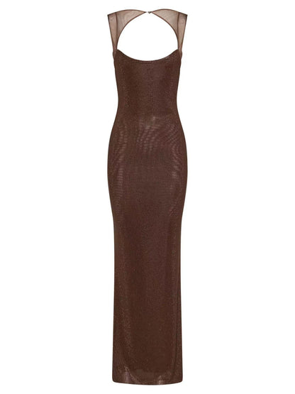 Scoop Neckline Backless Rhinestone Mesh Dress