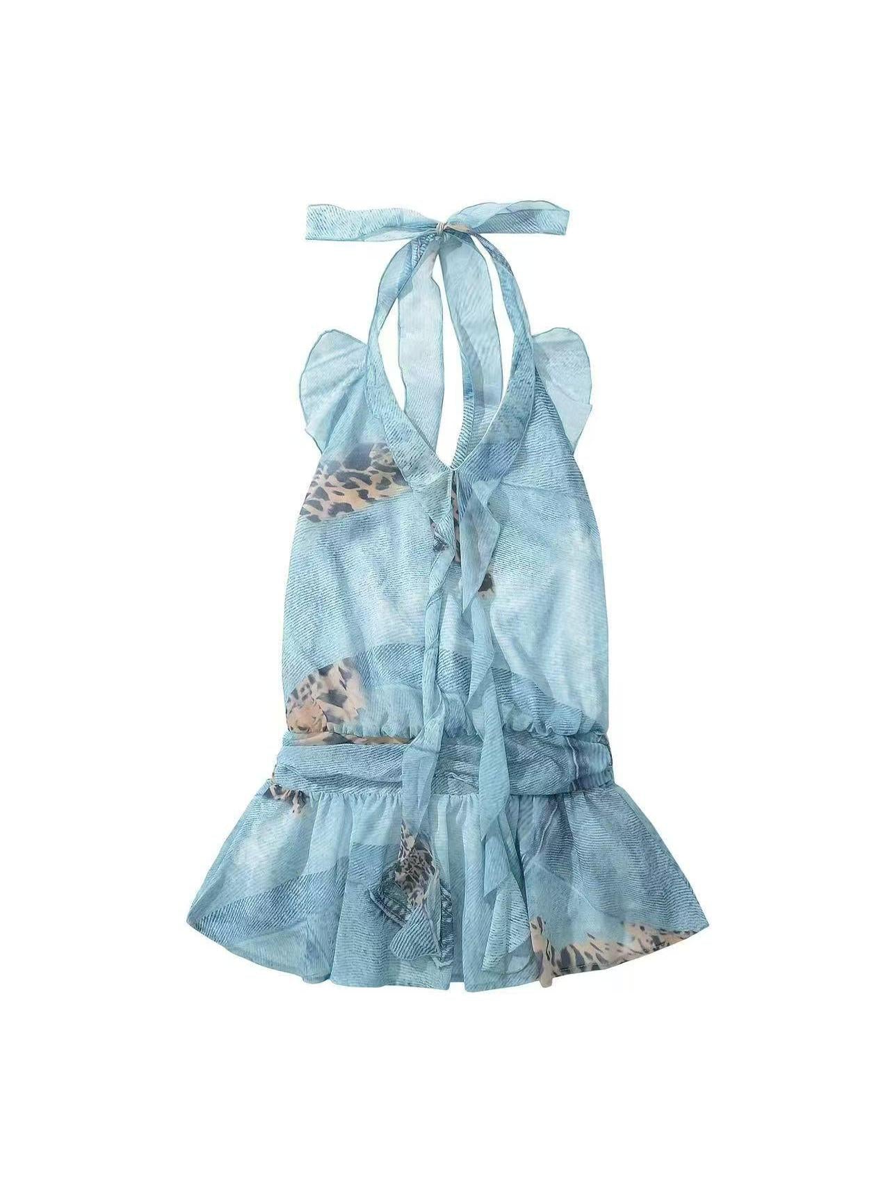 Backless Halterneck Tie Dye Animal Print Ruffle Short Dress