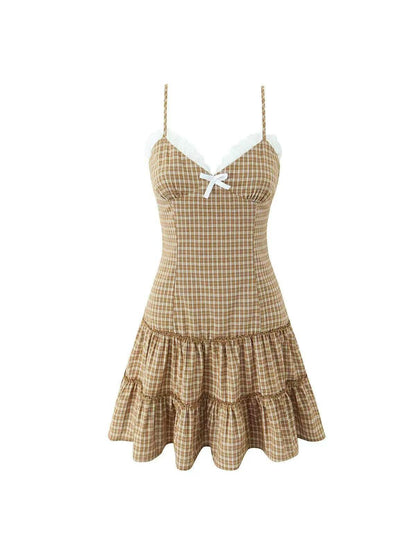Gingham Print Ruffle Print Lace short Dress