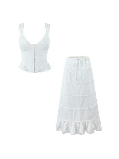 White Cotton Ruffle Cami Top & Skirt Coord Set