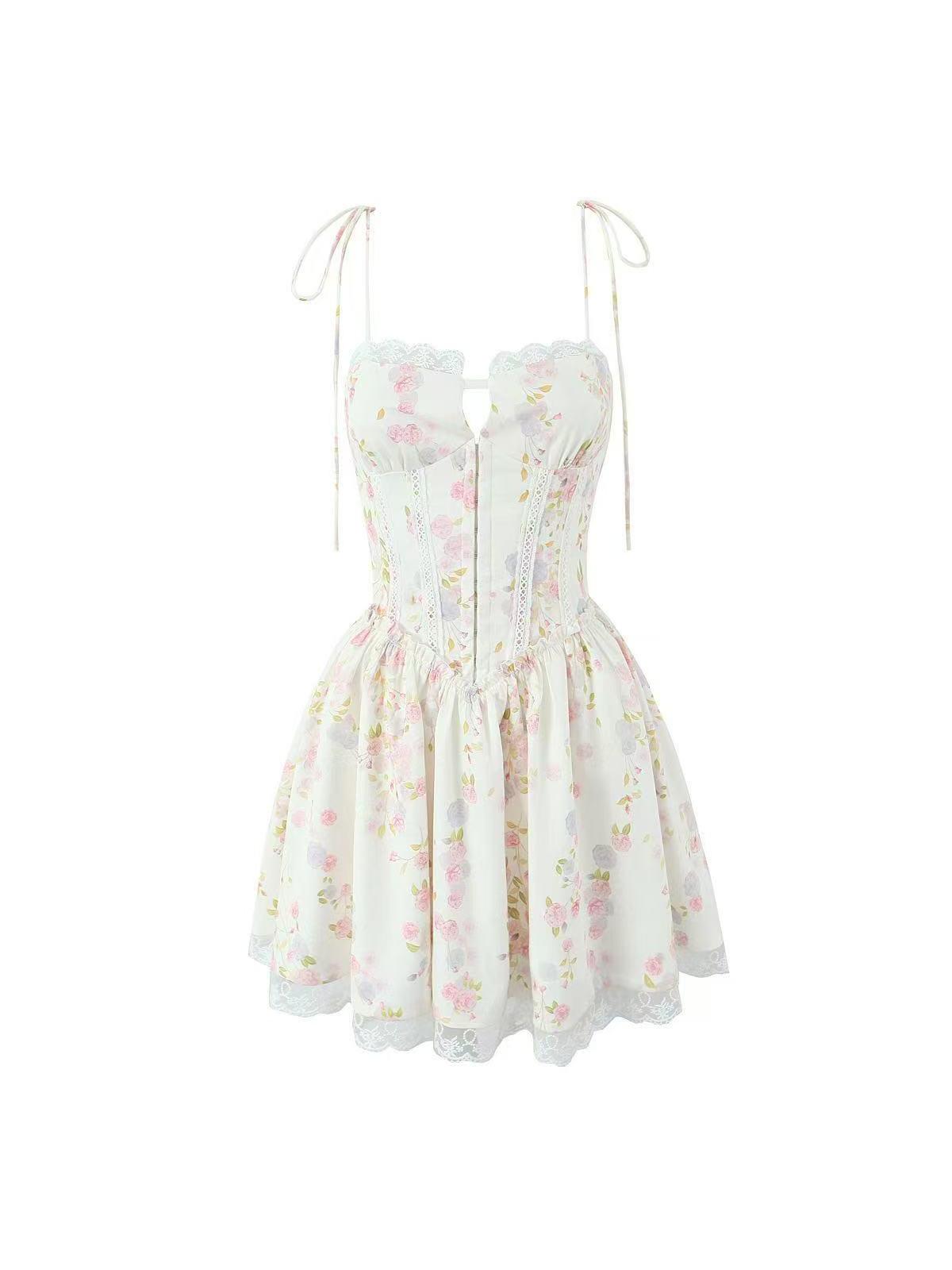 Lace Tied Spaghetti Strap Deep Neck Corset Short Dress