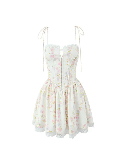 Lace Tied Spaghetti Strap Deep Neck Corset Short Dress