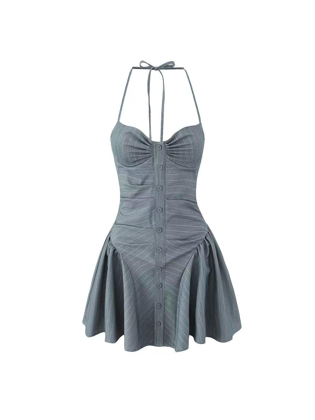 Striped Halterneck Grey Backless Flare Dress