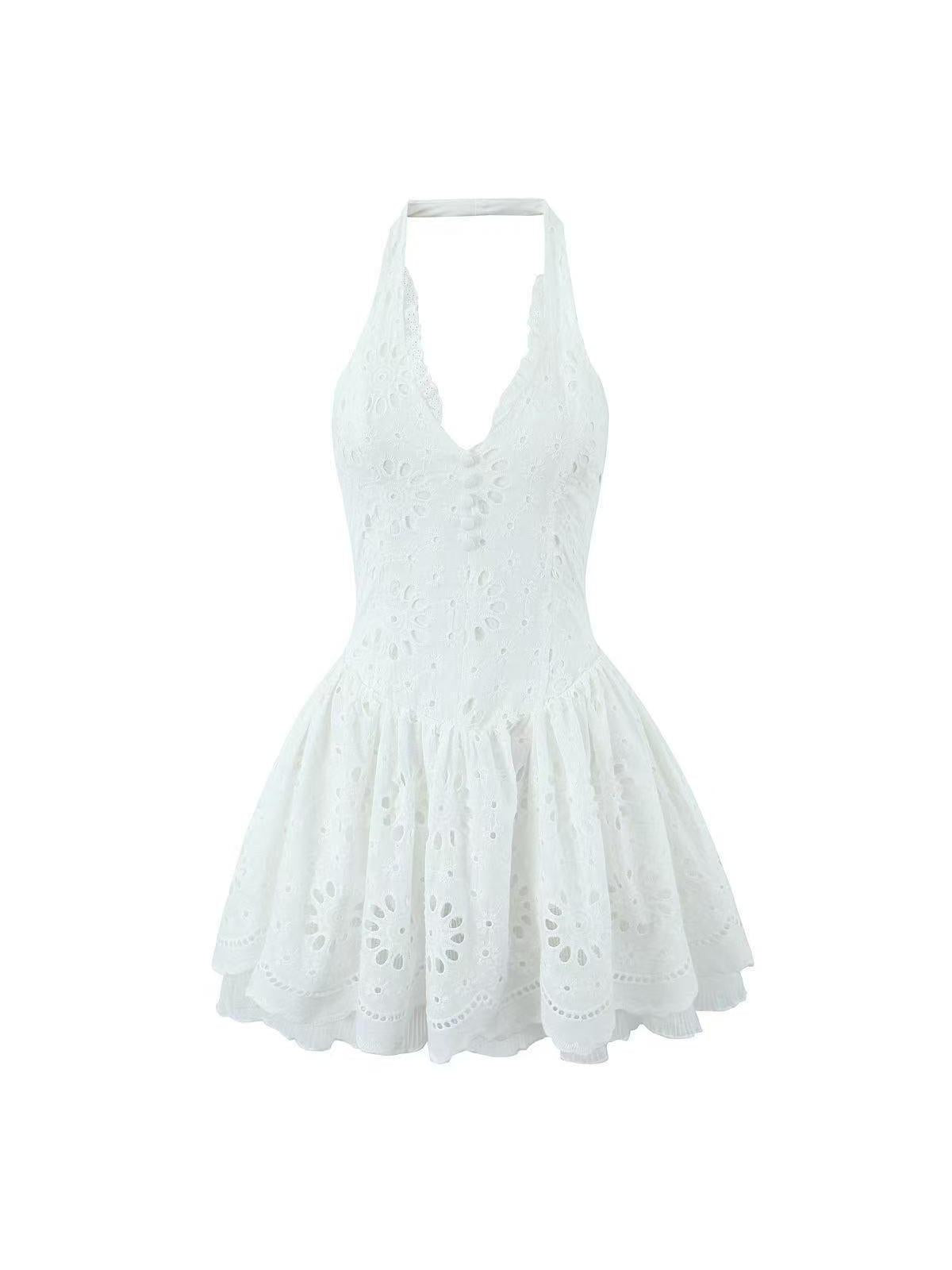 White Halterneck Chikan Short Flare Dress