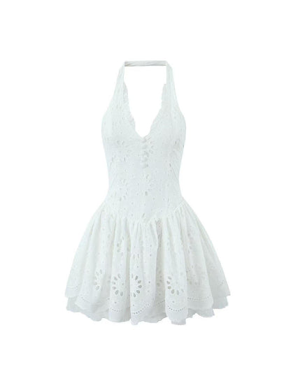 White Halterneck Chikan Short Flare Dress