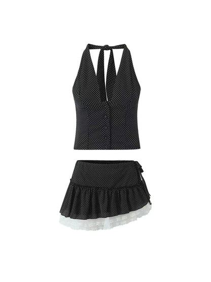 Polka Dot Halterneck Vest & Asymmetric Skirt Coord Set