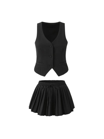 Waist Vest Coat & Flared Skort Skirt Coord Set