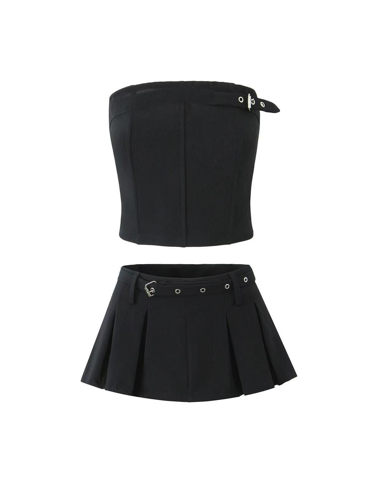 Belted Boning Corset Tube Top & Flare Skirt Coord Set with belt