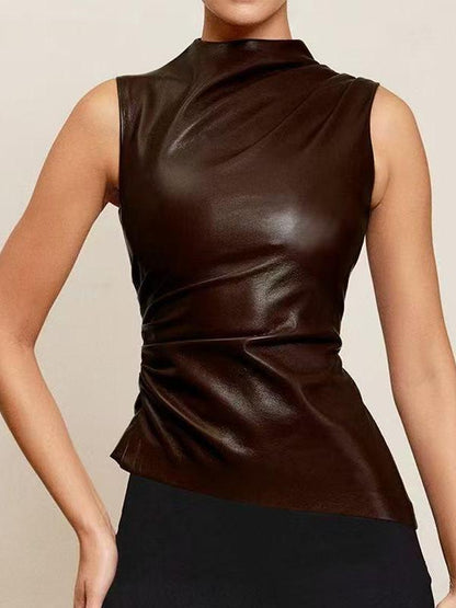 Asymmetric High Neck Sleeveless Leather Top