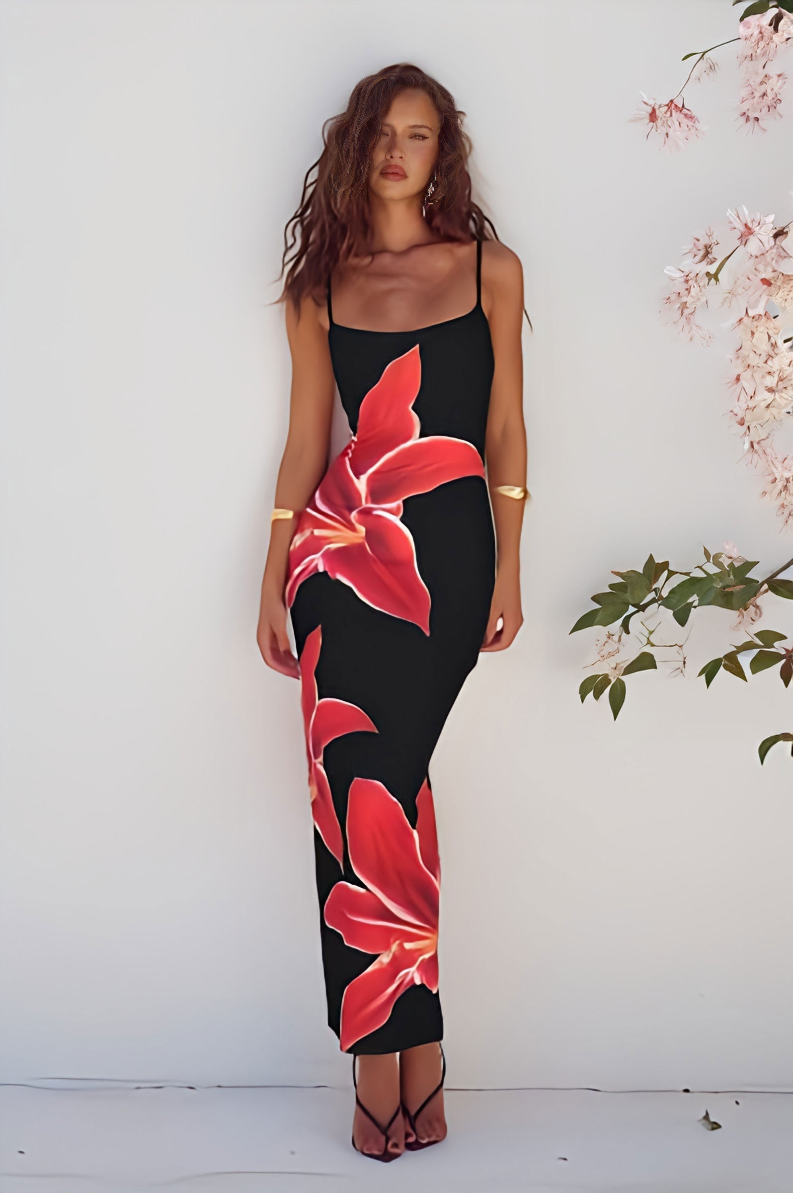 Lily Print Spaghetti Strap Square Neck Bodycon Maxi Dress