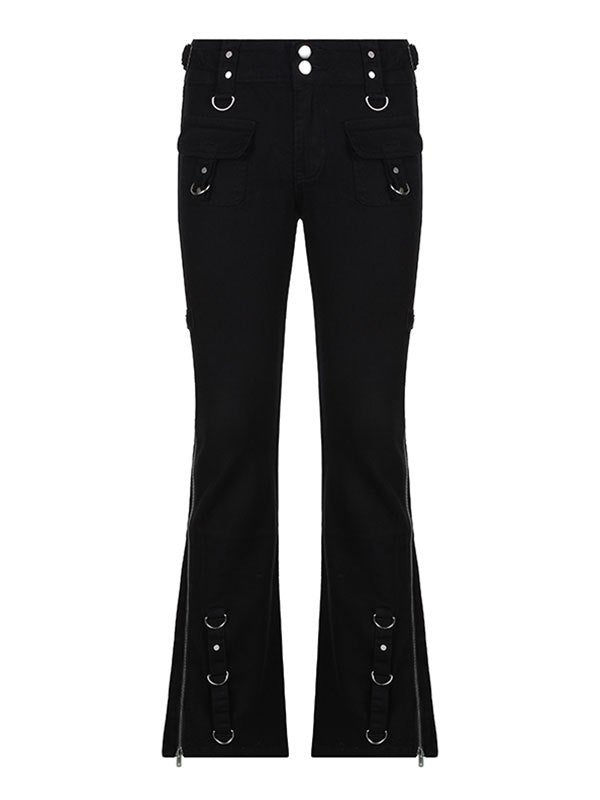 Flare Cargo Jeans with Low Waist and Zipper Detail