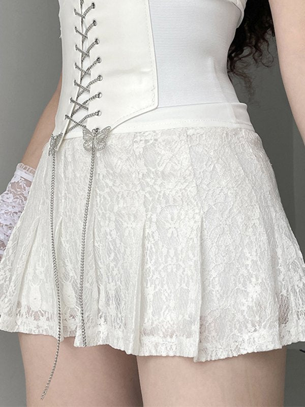 White Y2k Pleated Lace Mini Skirt