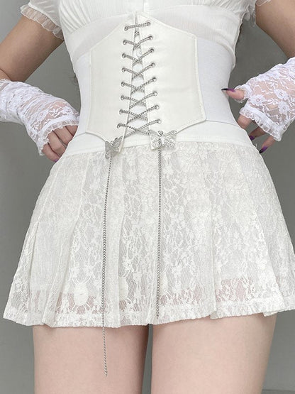 White Y2k Pleated Lace Mini Skirt