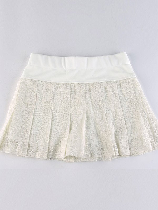 White Y2k Pleated Lace Mini Skirt