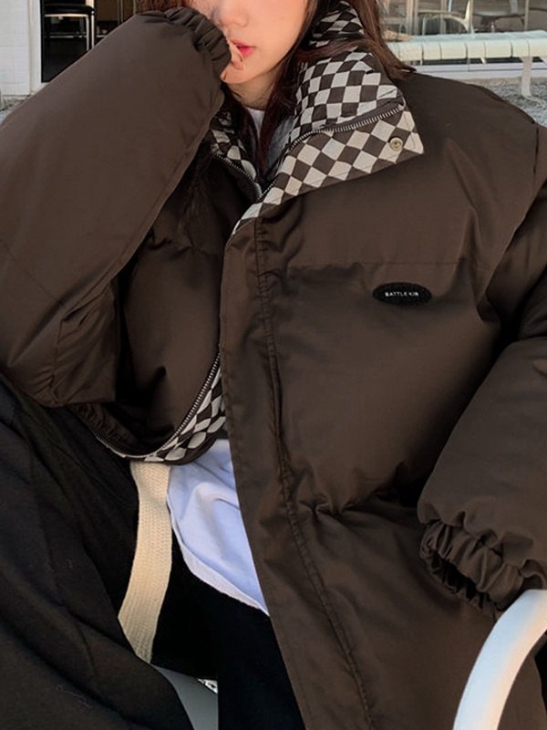 Checkered Collar Zip Up Padded Jacket