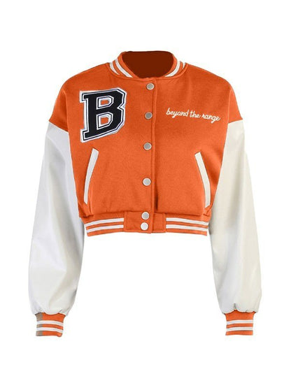 Embroidery Pu Leather Paneled Cropped Varsity Jacket