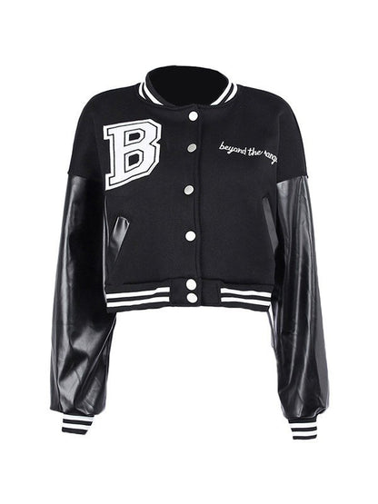 Embroidery Pu Leather Paneled Cropped Varsity Jacket