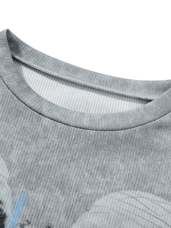 Gray Vintage Cross Skull Printed Long Sleeve Top