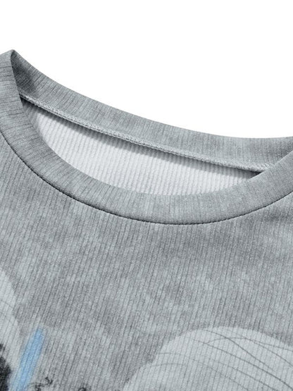 Gray Vintage Cross Skull Printed Long Sleeve Top