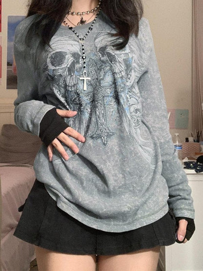 Gray Vintage Cross Skull Printed Long Sleeve Top