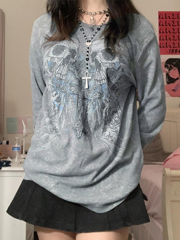 Gray Vintage Cross Skull Printed Long Sleeve Top