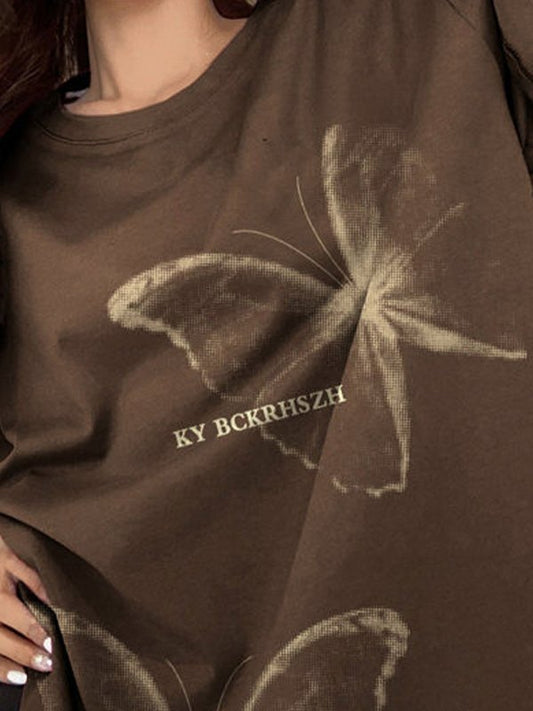 Vintage Butterfly Print Oversized Short Sleeve Tee