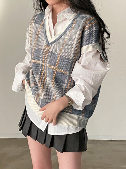 Vintage Checkered V Neck Sweater Vest
