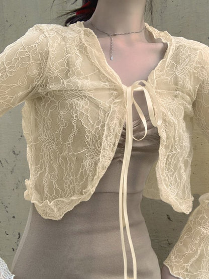 Tie Front Lace Crop Cardigan